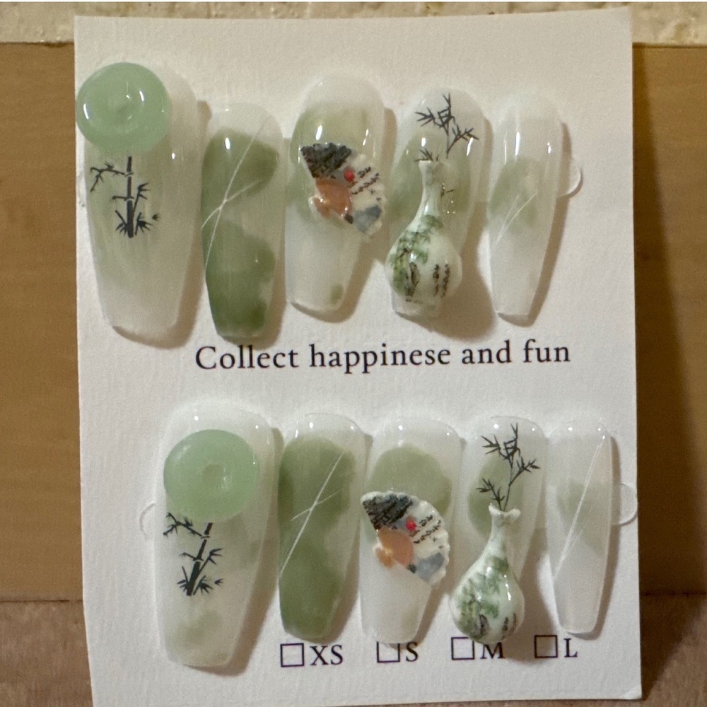 Chinoiserie 3D Press On Nails‎ Green Jade Bamboo Porcelain Vase Long Coffin Set
